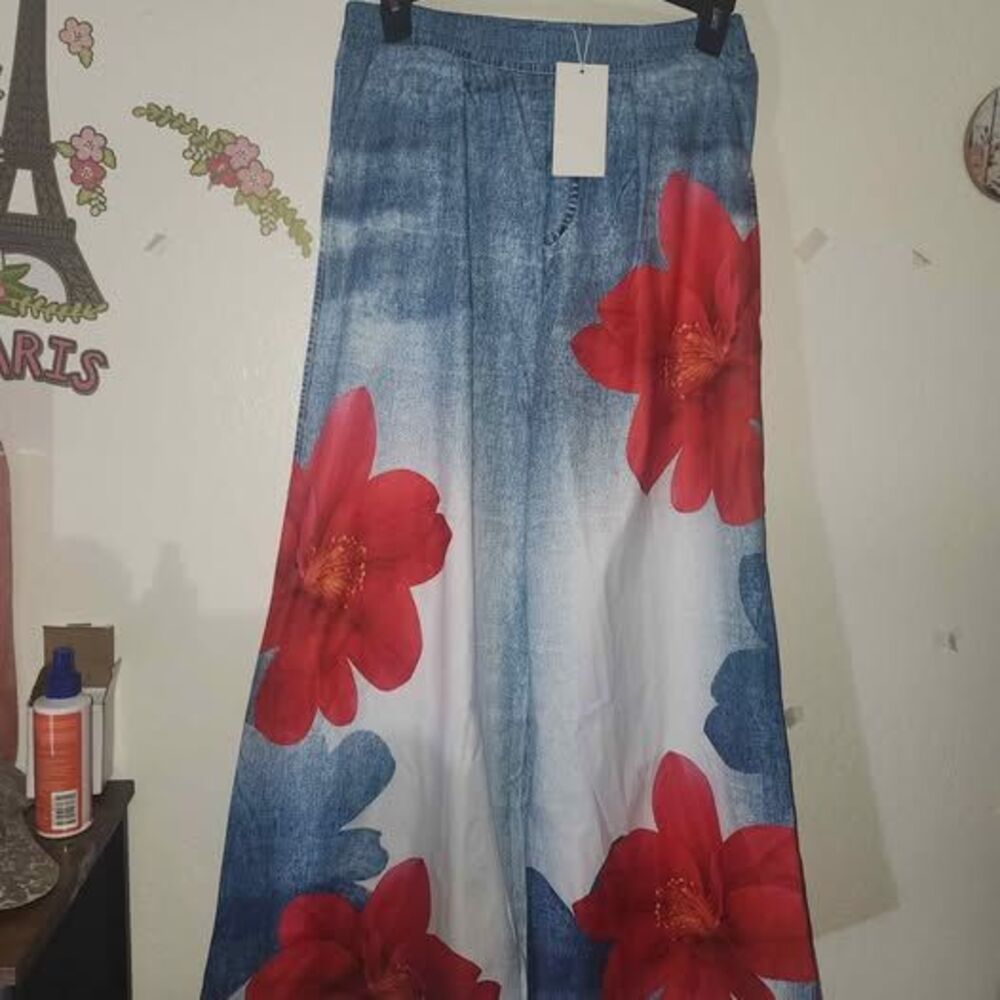 UOOZEE Wide Leg Denim Look Floral Pants One size